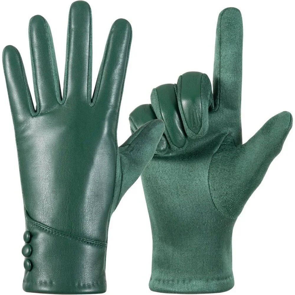 Women's Green Winter Leather Suede Gloves Wool Lined Windproof Touchscreen